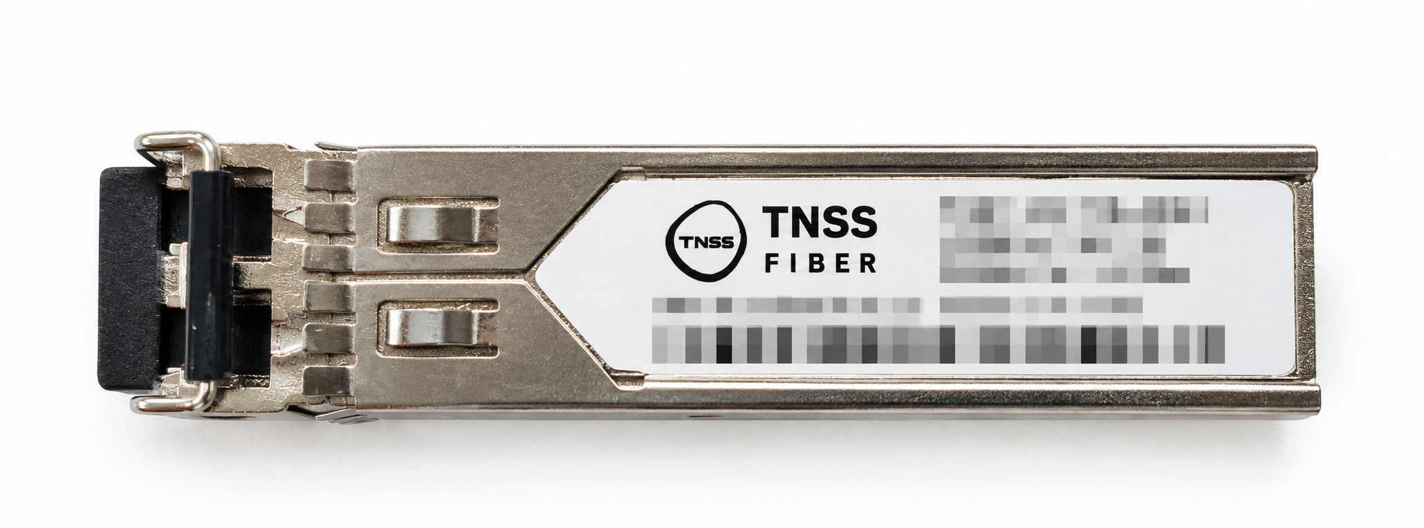 TNSS FIBER 트랜시버 실물 사진. 로고 외 라벨과 바코드는 가림 처리.
